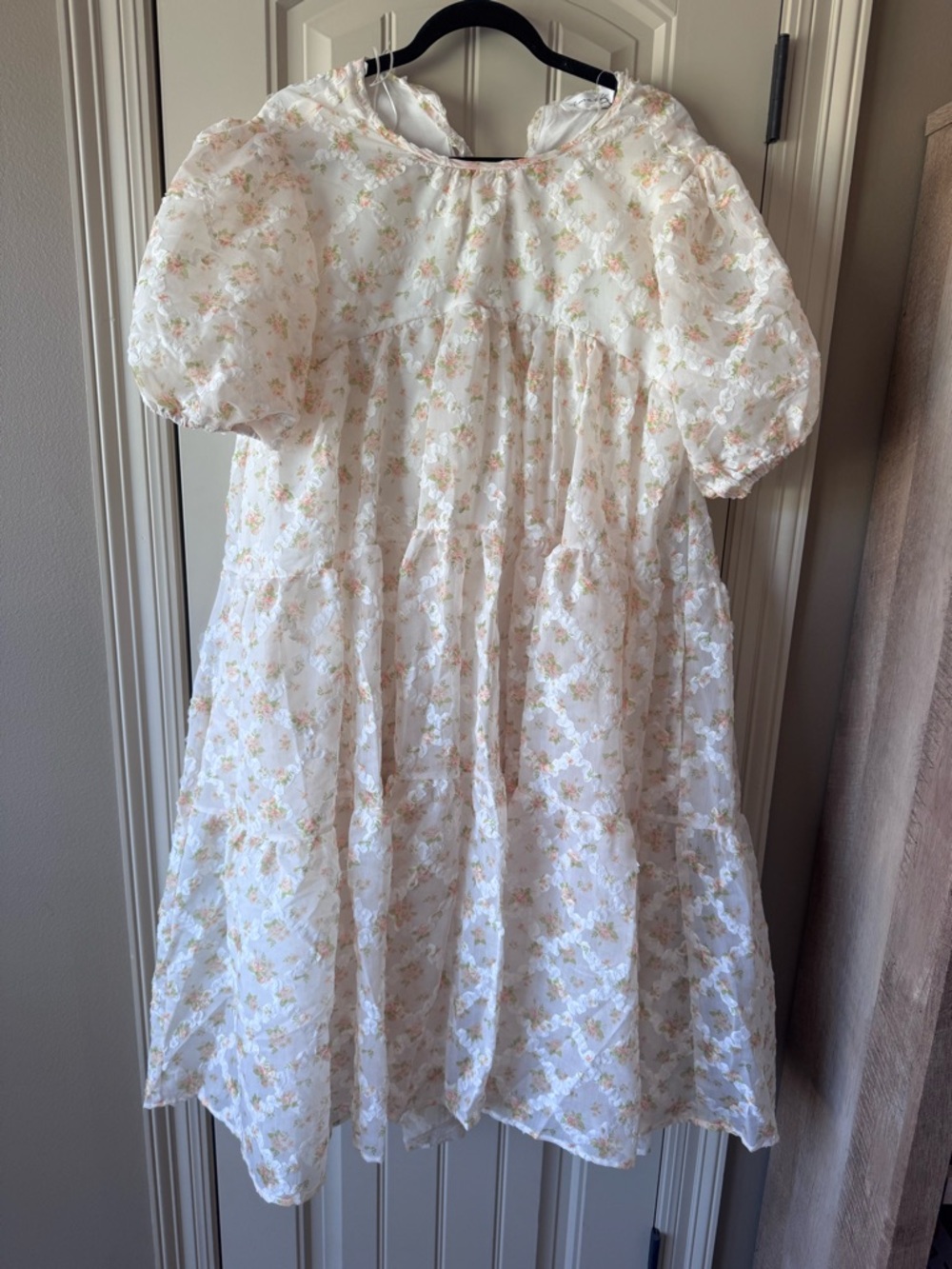 White Floral Midi Dress with Puff Sleeves